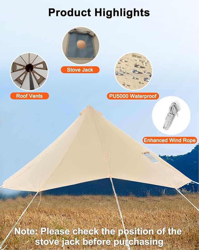 Bell Tent Rain Cover Protector with Stove Jack and Roof Vents for Camping,Waterproof,PU5000,Glamping Bell Tent Rain Fly with Stove Jack,4 Season,(Beige, for 16.5ft(5m) Size)