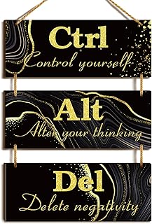 Qunclay Black and Gold Office Wall Decor Ctrl Alt Del Inspirational Rustic Wall Hanging Wooden Signs Motivational Art with Sayings Motivational Plaques for Home Living Room Decoration, 10 x 4 Inch