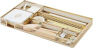 Annova Desk Drawer Organizer Tray for Office Organization - Metal Mesh - Storage Tray with Dividers for Pens, Desktop Accessories, Bathroom, Kitchen, Makeup and Office Supplies (Small, Gold)