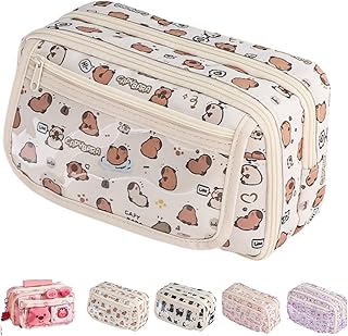 Cute Kawaii Pencil Case Pouch Cartoon Pen Box Holder Organizer for Office Workspace Supplies Desk Accessories Travel Essentials Aesthetic Trendy Cool Stuff Gift Large Capacity (White Kapibala)