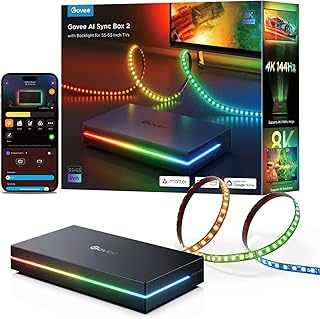 Govee HDMI 2.1 Sync Box 2, AI Sync Box with TV Backlight, Supports 8K@60Hz, 4K@144Hz, VRR and ALLM, Works with SmartThings, Matter and Alexa, RGBIC LED Light Strip for 55-65 inch TVs, 75 LEDs/m