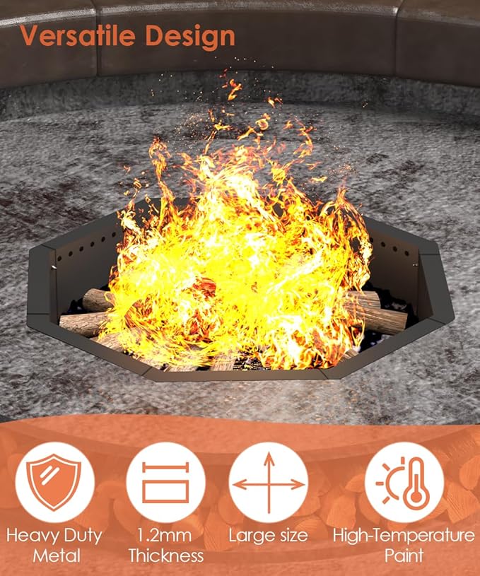 Mocomax Smokeless Fire Pit Ring 32-Inch Outer 28-Inch Inner Diameter, Large Solid Steel Firepit Liner for Outside Wood Burning, DIY Campfire Ring Above or In-Ground for Outdoor, Octagonal