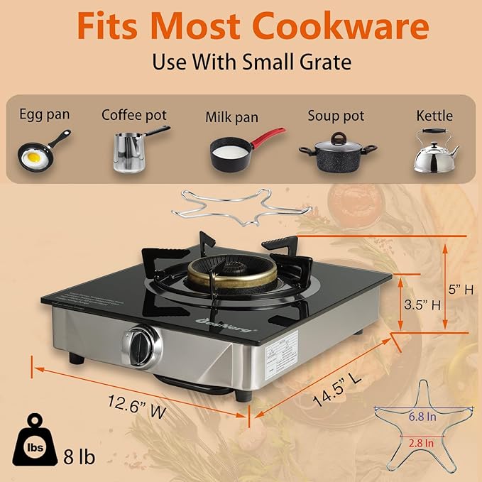 Propane Stove 1 Burner Gas Stove, 14500 BTU High-Efficiency Auto Ignition Tempered Glass LPG Cooktop with CSA Regulator and Hose – for Outdoor Camping, RV, and Emergency Cooking