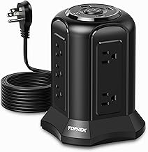 Tower Power Strip Surge Protector 2100J – 10 Outlets, 2 USB-C (20W PD), 2 USB-A, 6.5FT Flat Plug Extension Cord for Home Office, Dorm, Desktop