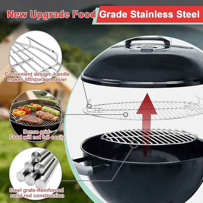 Cooking Grate Charcoal Grate Replacement Parts for Weber 18.5 Inch One-Touch,Smokey Mountain,Original Kettle Grill,Jumbo Joe,Bar-B-Kettle,Stainless Steel BBQ Parts for Weber 7432 7440