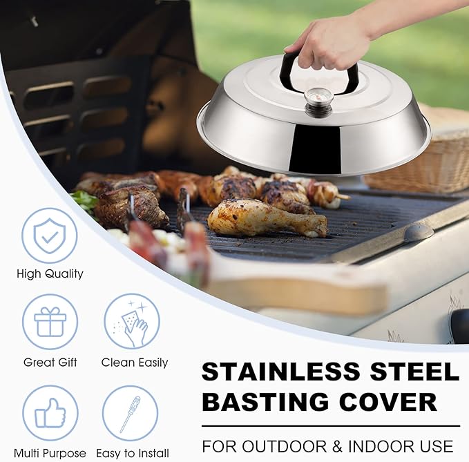 12 Inch Cheese Melting Dome Set of 2, Joyfair Basting Cover for Griddle Grilling Outdoor Camping/Flat Top Teppanyaki, Stainless Steel Lids with Heat-Proof Handle, Dishwasher Safe (with Thermometer)