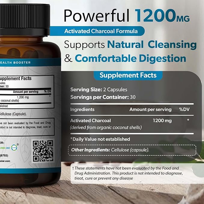 Activated Charcoal Capsules 1200 mg – Organic Activated Charcoal Pills Derived from Coconut Shells for Stomach & Digestive Support – Natural Detox & Bloating – Made in USA – 60 Capsules