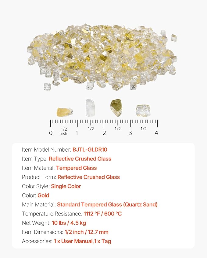 VEVOR Fire Glass, 10 lbs, Gold, 1/2 Inch High-Temperature Resistant Reflective Glass Rocks, Smokeless Fire Pit Stones for Outdoor Table & Landscaping