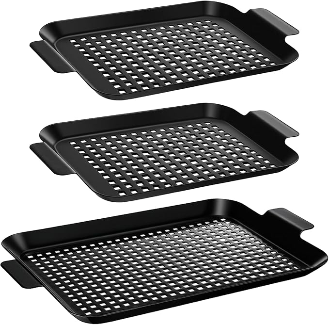 3 Pack Grill Tray for Outdoor Grill Stainless Steel Nonstick Grilling Baskets with Holes and Handles Heavy Duty Perforated Grilling Tray Barbecue Accessories for Vegetable, 2 Size