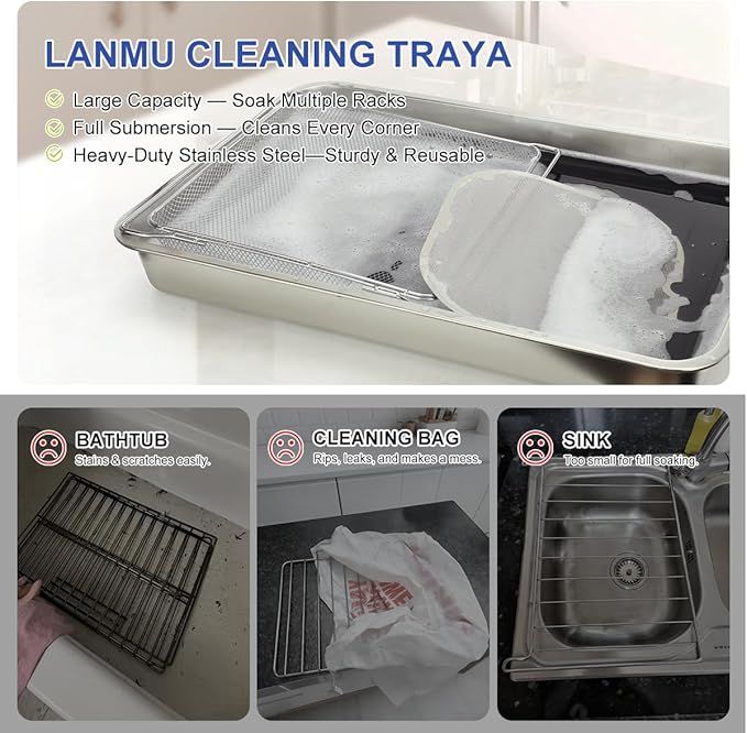 LANMU Stainless Steel Oven Rack Cleaning Tray, Large Capacity Soaking Tray for Grill Grates, Roasting Pans, Cooling Racks, Air Fryer Parts and More, Reusable & Leak-proof Oven Shelf Cleaning Tool