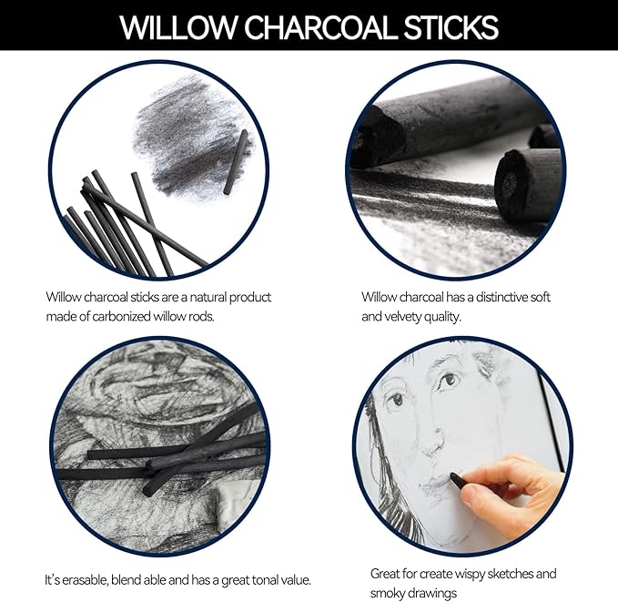 PANDAFLY Willow Charcoal Sticks, Soft, Black Artist Vine Charcoal for Artists, Beginners, Students, Great for Sketching, Drawing, Shading and Fine Art, 4-5mm, 25 Pack