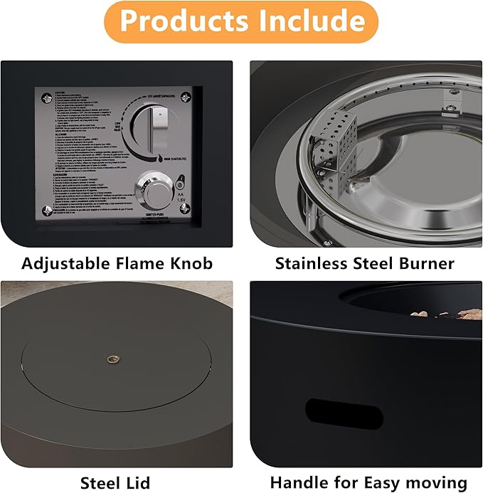 32.5 inch Round Propane Fire Pit, 50000 BTU Gas Fire Pit Table with Steel Lid, Waterproof Cover, 10ft Gas Hose & Gas Tank Base, Lava Rocks, Black