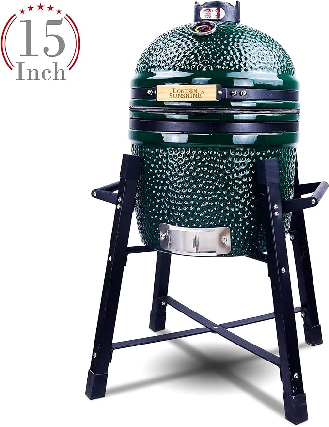 London Sunshine Ceramic Kamado Charcoal BBQ Grill and Smoker, Stainless Steel Grates -15" Ceramic with Tall Stand (GREEN)