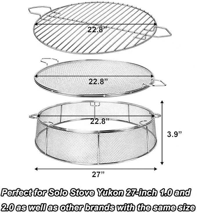 Fire Pit Spark Shield Cover & Cooking Grate for Solo Stove Yukon 27 Inch, 304 Stainless Steel Fire Pit Accessories with Stand & 2 Guide Sticks, All-in-One Lid, Spark Screen and Grill Grate