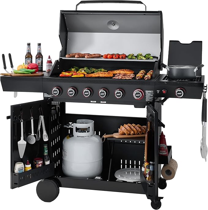 Royal Gourmet GE6001H 6-Burner Gas Grill, 72,000 BTU, 691 Sq. In. Cooking Area, with Sear and Side Burner, Side Shelf with hooks, spice basket, Movable Cabinet Style Grill for Outdoor Grilling, Black