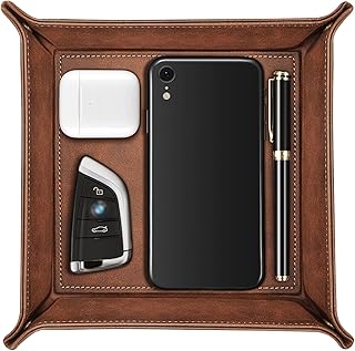 SITHON Valet Tray Desktop Storage Organizer – Premium PU Leather Catchall Bedside Vanity Tray Nightstand Caddy Holder for Keys, Phone, Wallet, Coin, Valentine's Day Gift, Brown
