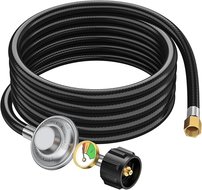12ft Propane Regulator with Hose&Gauge, 0-1Psi Propane Hose, Gas Grill Regulator for Weber Genesis/Spirit Grill/Blackstone 28”&36” Griddle/Camp Chef Burner Stove/Fire Pit/Heater, 3/8”Gas Line