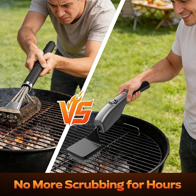Reciprocating Electric Grill Brush, Fire-Resistant BBQ Grill Brush, Bristle-Free Grill Brush for Outdoor Grill, Grill Cleaner with 3 Heads, Cordless Grill Cleaning Brush with 3600 mAn, Silver