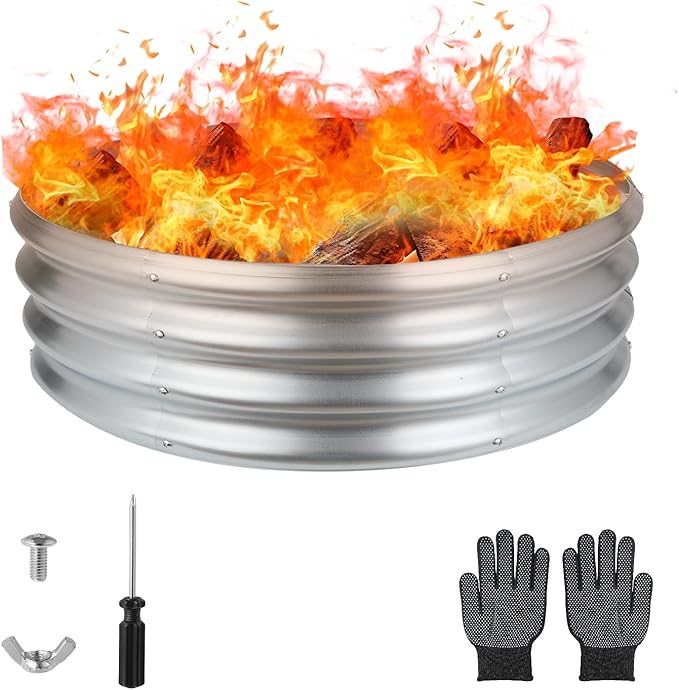 Raynesys 36 Inch Round Galvanized Fire Pit Ring, Silver Round Galvanized Fire Ring, 3 Feet Diameter Fire Pit, Outdoor Pits for Backyard, Camping, Bonfire