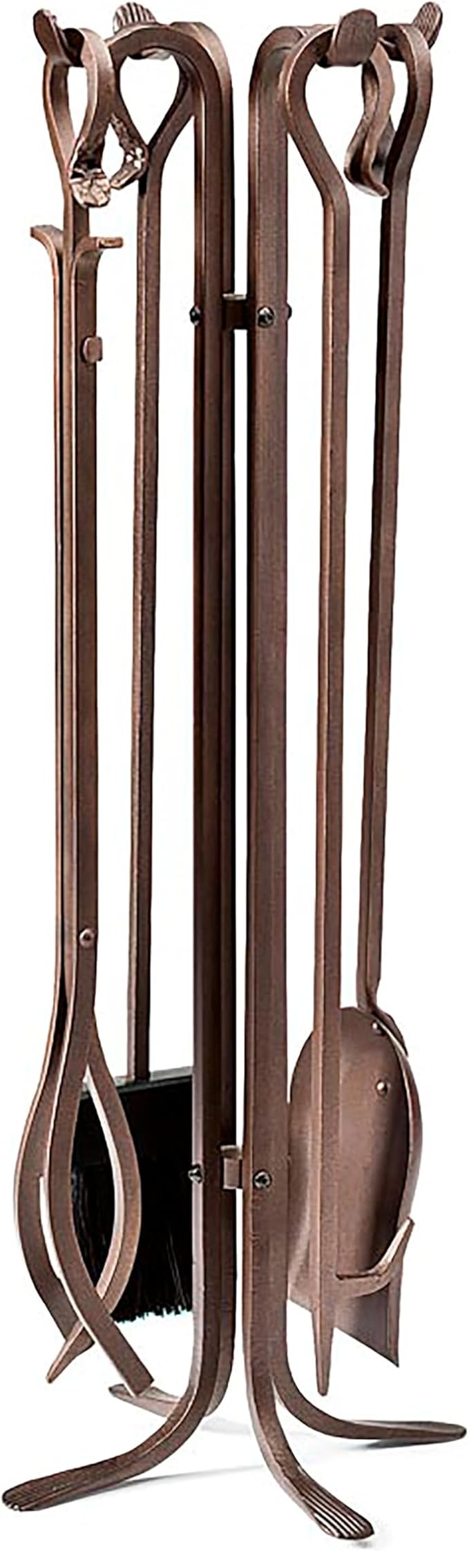 Plow & Hearth 5 Piece Hand Forged Iron Fireplace Tool Set 27.5" | Bronze Wrought Iron Handle for Outdoor Indoor | Stand Poker Shovel Brush Log Tongs Wood Stove Accessory