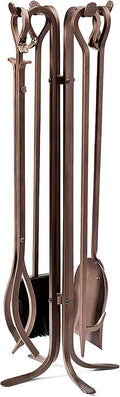 Plow & Hearth 5 Piece Hand Forged Iron Fireplace Tool Set 27.5" | Bronze Wrought Iron Handle for Outdoor Indoor | Stand Poker Shovel Brush Log Tongs Wood Stove Accessory