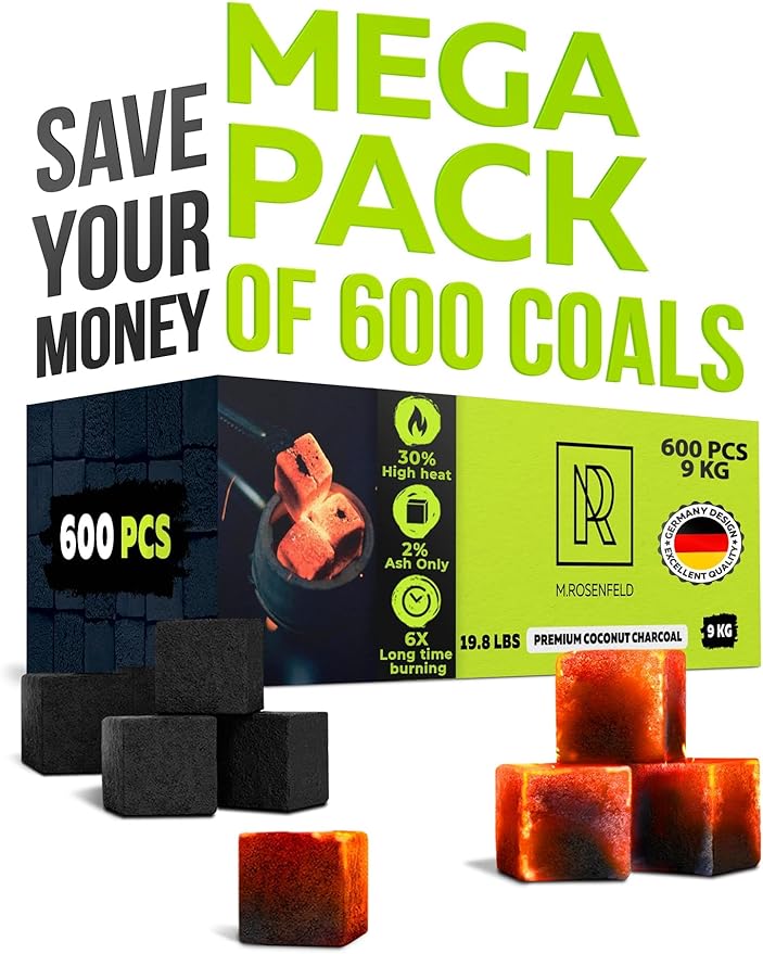 600 pcs Hookah Charcoal Hookah Coals for Hookah Coconut 25mm Cubes – XXXL Pack 600 pcs & 9 KG (19.8 lbs) – Premium Quality 25mm (1x1x1 in) – 100% Natural Coconut Charcoal Hooka Cubes – NOT Quick Ligh