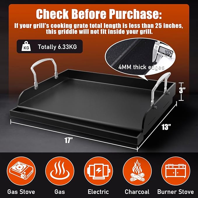 Griddle for Gas Grill, Cast Iron Griddle for Gas Grill & Stove Top, 17"x13" Flat Top Griddle Nonstick Grill Griddle Plate for Charcoal Outdoor Camping Cooking for Blackstone Style Flat Top Grill
