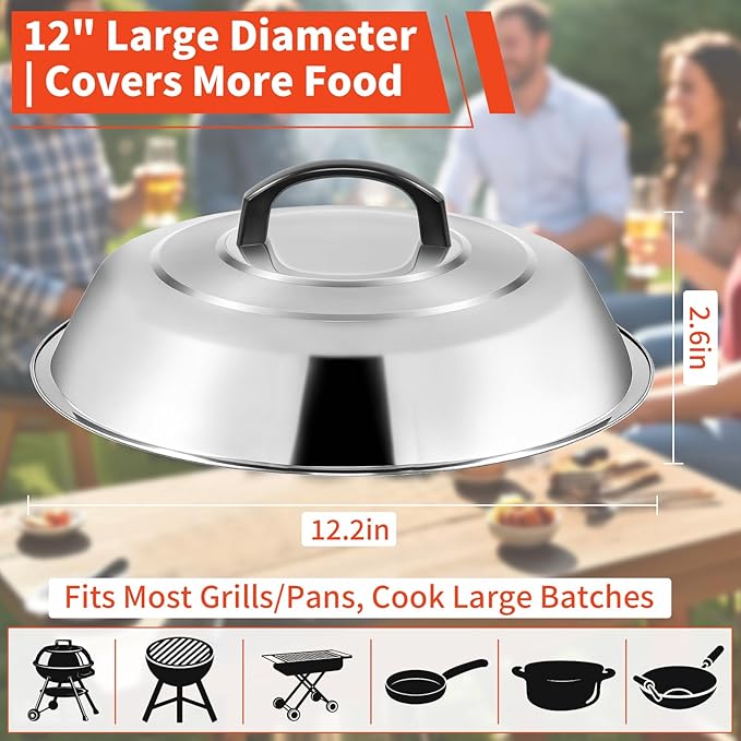12 Inch Stainless Steel Cheese Melting Dome - 2 Pack BBQ Griddle Accessories, Basting Cover & Steaming Cover Wok Lids, Fits Blackstone Camp Chef Flat Top Griddle, Indoor Outdoor Use