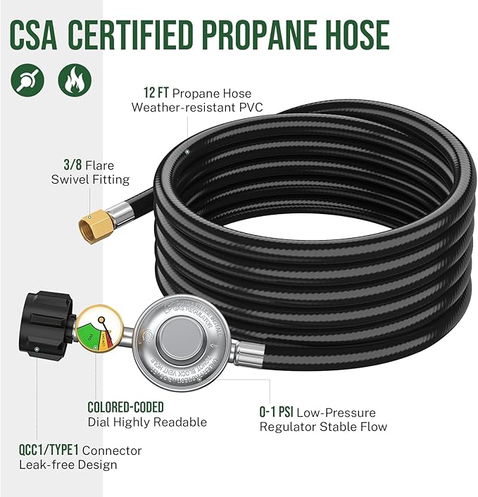 12ft Propane Regulator with Hose&Gauge, 0-1Psi Propane Hose, Gas Grill Regulator for Weber Genesis/Spirit Grill/Blackstone 28”&36” Griddle/Camp Chef Burner Stove/Fire Pit/Heater, 3/8”Gas Line