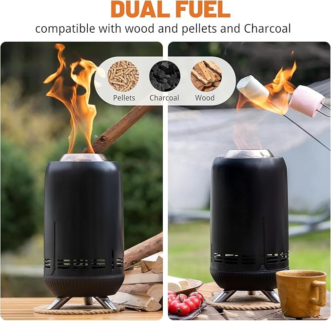 EchoSmile 12 x 7 inch Smokeless Tabletop Fire Pit with Stand, Stainless Steel Portable Fire Pit for Outside Camping, Patio, Camping Stove Fueled by Pellets or Wood Burning, Black