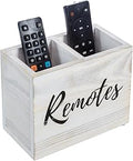 MyGift TV Remote Control Holder Organizer, Wood DVD Remote Caddy Storage for Table, 2 Large Compartment, Shabby Whitewashed Solid Wood with Black Cursive Remotes Label