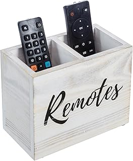MyGift TV Remote Control Holder Organizer, Wood DVD Remote Caddy Storage for Table, 2 Large Compartment, Shabby Whitewashed Solid Wood with Black Cursive Remotes Label