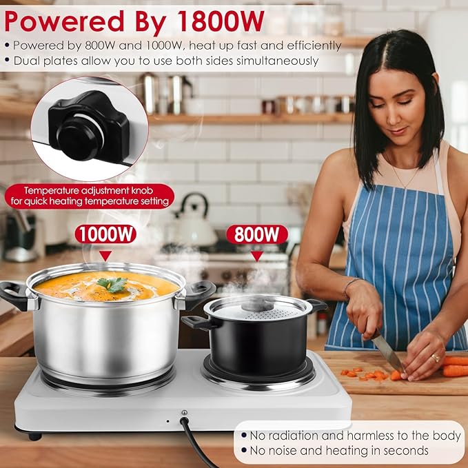 Electric Infrared Dual Burner, Portable Heating Hot Plate Stove Countertop RV Hotplate Glass Cooktop for Home RV Camp, Stepless Temperature Adjustments (Double)