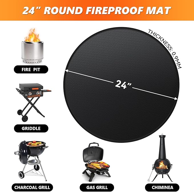 24" Fire Pit Mat for Solo Stove Bonfire, Double-Sided Fireproof Under Grill Mat Deck Patio Protector Pad, Round BBQ Mat for Solo Stove Accessories, Easy to Clean, Reusable (0.9mm)