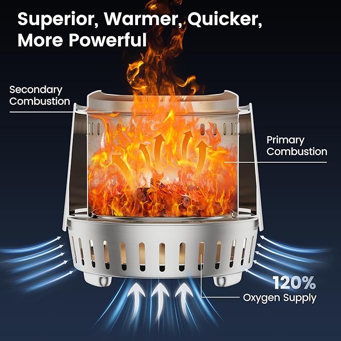 Amopatio Tabletop Fire Pit with Stand, Removable Ash Pan, 8.5 x 9.5 Inch Smokeless Portable Stainless Steel Wood Burning Outdoor Firepit with Carry Bag for Camping Patio & Backyard