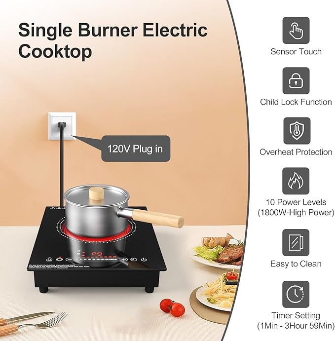 1800W Electric Cooktop Single Burner, 110V Electric Stove with LED Touch Control, 10 Power Levels, Child Safety Lock, Timer & Overheat Protection.