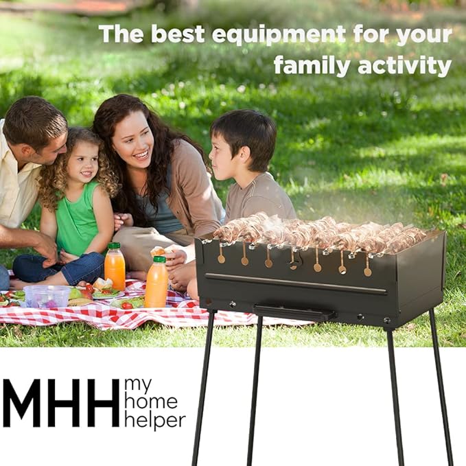 Charcoal Grill for 8 Skewers - Portable Barbecue 16.9"×11.8"×23.6" Kabob Camp Grills - Foldable Metal Mangal - Kebab Shish - BBQ for EDC Picnic Outdoor Cooking Camping Hiking (Skewers Not Included)