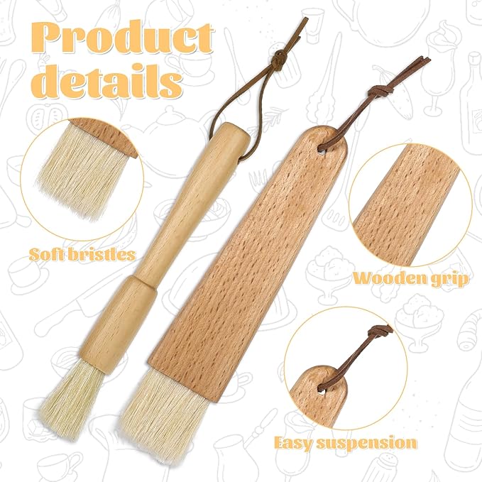 2 Sets Pastry Brush with Wooden Handles Natural Bristles Butter Brush for Cooking Basting Cookings Brushes Beech Oil Basting Brushes Butter Food Brushs for Oil Cooking Bakings Egg Sauce Marinade