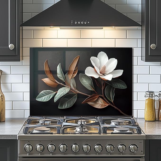Evgosm Tempered Glass Backsplash for Kitchen， Stove Splashback, Flowers Glass Backsplash, Easy to Install and Clean, Used for Kitchen Wall Protection and Decoration. (30x30'')