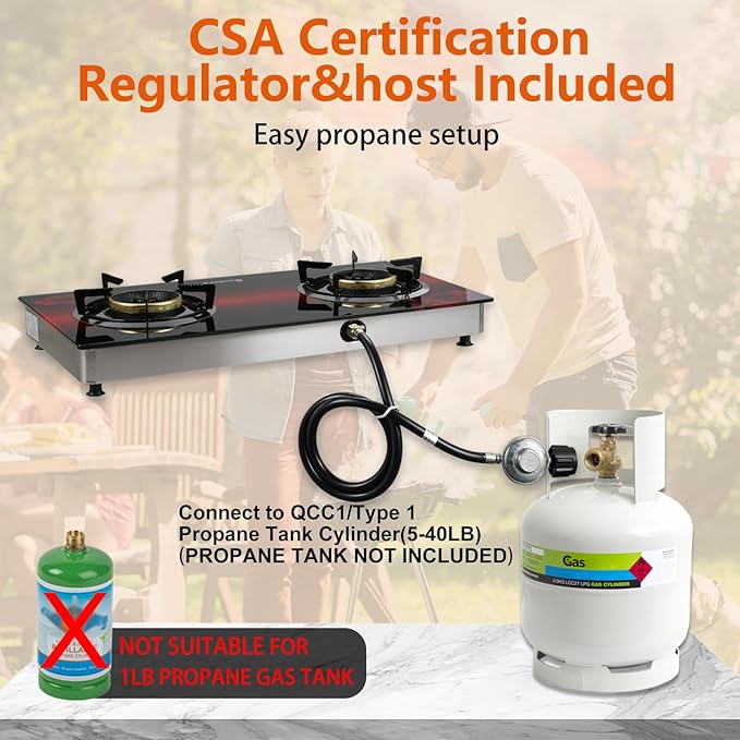 Propane Stove 2 Burner Gas Stove, 28800 BTU High-Efficiency Auto Ignition Tempered Glass LPG Cooktop with CSA Regulator and Hose – for Outdoor Camping, RV, and Emergency Cooking