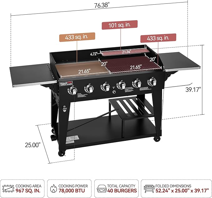 Royal Gourmet GD601B 6-Burner Gas Grill and Griddle Combo, Large Cooking Capacity Propane Grill & Griddle 2-in-1, 78,000 BTU Output for Back Yard, Garden, Family Party, BBQ, Black