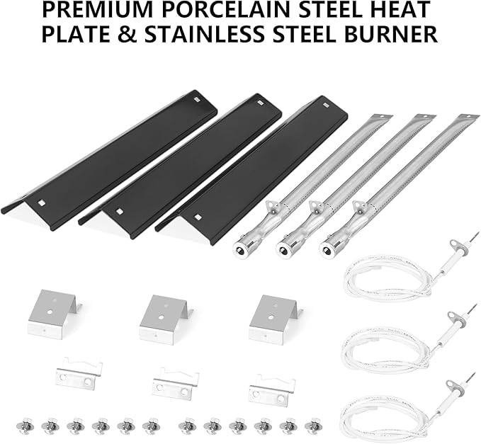 CANDANA Replacement Parts for Chargriller 3001, 3008, 3030, 4000, 5050, 5252 Grill Models, Stainless Steel Burner, Porcelain Steel Heat Plates, Porcelain Cast Iron Cooking Grid Grates, Igniters