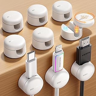 9-Pack Cable Clips [Upgraded], Rocoren Magnetic 360° Rotatable Cord Holder, Adhesive Cable Management Organizer, Wire Keeper for Nightstand Desk Car Home Office Accessories White