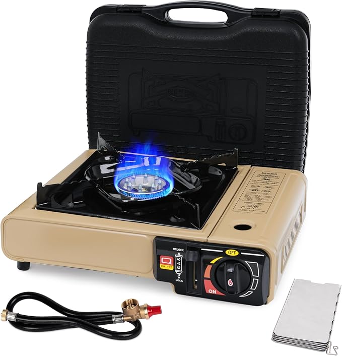SHINESTAR Dual Fuel Camping Stove with Butane & Propane Compatibility, Portable Stove for Outdoor Cooking, Propane Adapter Hose, Wind Guard and Carrying Case Included (Fuel Not Included)