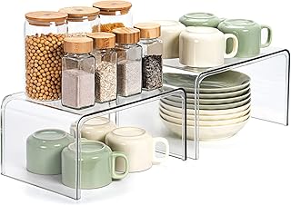 Clear Cabinet Organizer, Shelf Organizer Set of 2 for Kitchen Pantry Organizers and Storage, Display Cabinet Shelf Room Decor Countertop Desk Shelves, Patented Spice Organization for Cabinet