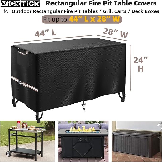 WICKTICK Rectangular Gas Fire Pit Table Cover 44 x 28 inch, Waterproof 600D Heavy Duty Fire Table Cover for 40 - 44 inch Patio Propane Firepit Tables