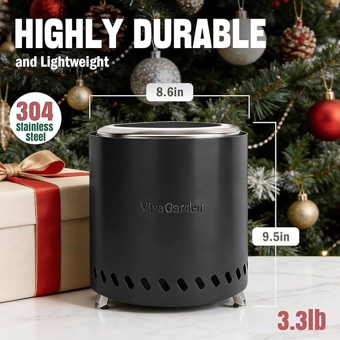 9.5 X 8.6 Inch Tabletop Fire Pit, VivaGarden Portable Firepit, Smokeless Table Top Firepit, Safe Burning Camping Stove, Fueled by Pellets or Wood, Forks, Mat & Travel Bag Included, Black