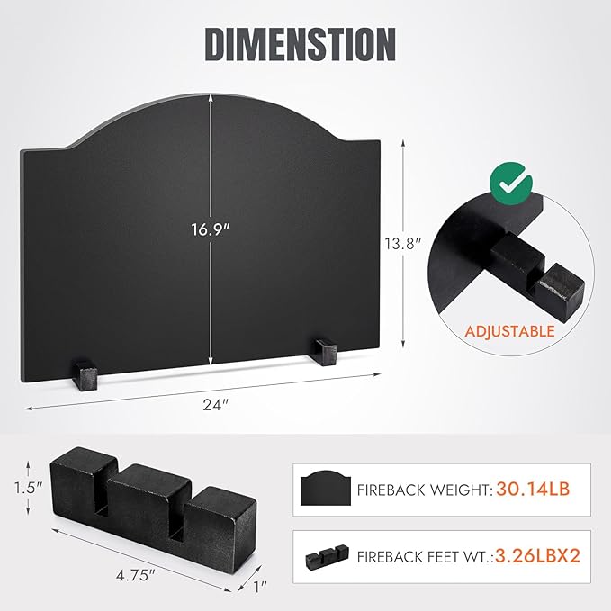 INNO STAGE 24" Fireplace Back Plates - Iron Fireback with Feet, Fireplace Wall Protection, Fireplace Heat Reflect, Black