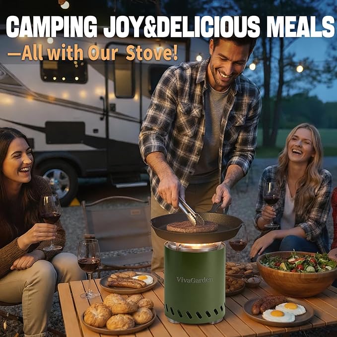 Smokeless Tabletop Fire Pit, VivaGarden Portable Outdoor Fire Pit for Camping, Patio, Backyard, Wood and Pellets Burning Camping Stove with Carry Bag, Forks, Mat and Pot Stand (9.7x7.1 Inch, Green)