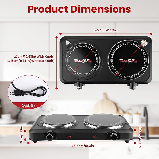 Infrared Double Burner, 2000W Electric Hot Plate, Portable Heating Cooking Stove, Countertop Burner with 7.5” & 6.3” Glass Plate Electric Cooktop with Stepless Temperature Adjustments